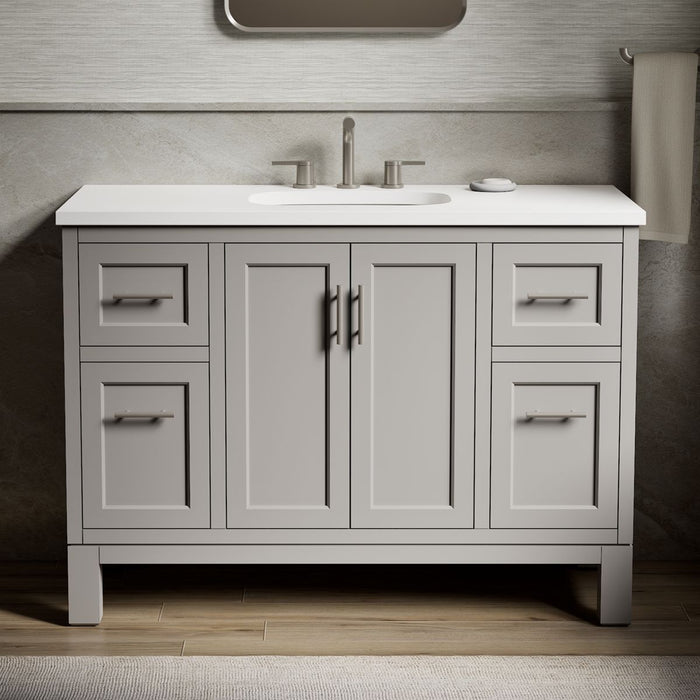 KOHLER K-28383-ASB Quo 48" Bathroom Vanity Cabinet with Sink and Quartz Top, Mohair Grey - Shows close up detail of product i