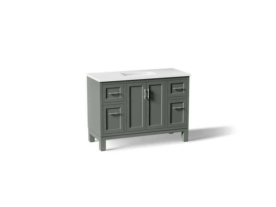 KOHLER K-28383-ASB Quo 48" Bathroom Vanity Cabinet with Sink and Quartz Top, Umbral Green - 3/4 view of product