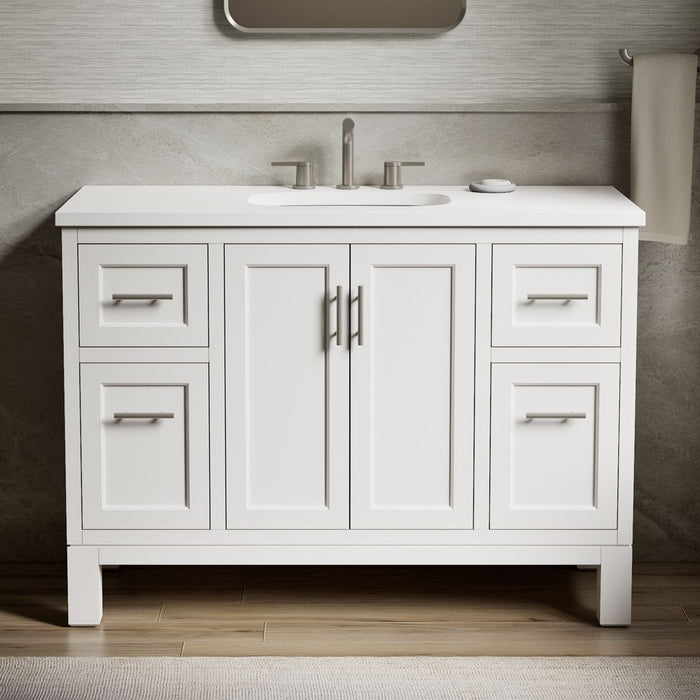 KOHLER K-28383-ASB Quo 48" Bathroom Vanity Cabinet with Sink and Quartz Top, White - Shows close up detail of product in room