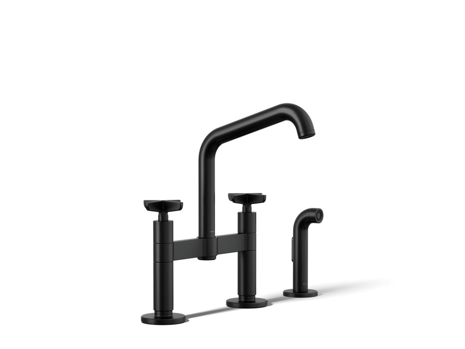 KOHLER K-28665-3 Billet Two-hole bridge kitchen sink faucet with side sprayer