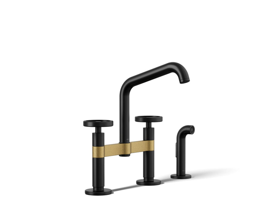 KOHLER K-28665-9 Billet Two-hole bridge kitchen sink faucet with side sprayer, matte black with brushed moderne brass