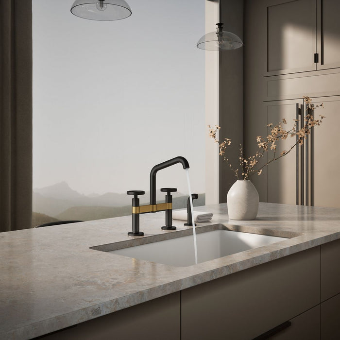 KOHLER K-28665-9 Billet Two-hole bridge kitchen sink faucet with side sprayer, matte black with brushed moderne brass -...