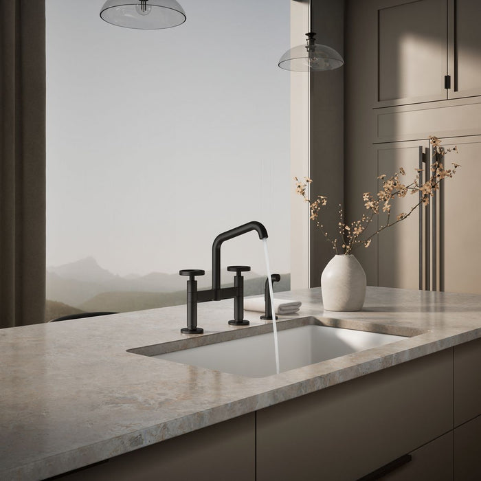 KOHLER K-28665-9 Billet Two-hole bridge kitchen sink faucet with side sprayer, matte black - view 5