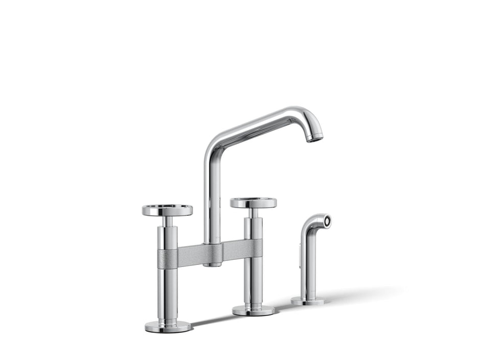 KOHLER K-28665-9 Billet Two-hole bridge kitchen sink faucet with side sprayer