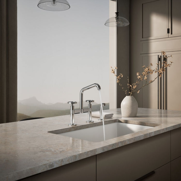 KOHLER K-28665-9 Billet Two-hole bridge kitchen sink faucet with side sprayer
