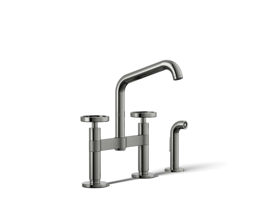 KOHLER K-28665-9 Billet Two-hole bridge kitchen sink faucet with side sprayer