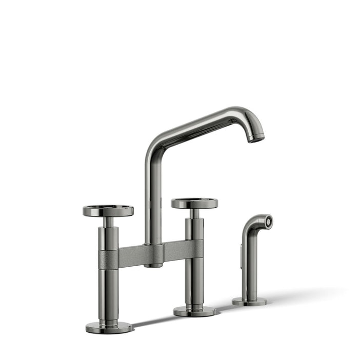 KOHLER K-28665-9 Billet Two-hole bridge kitchen sink faucet with side sprayer