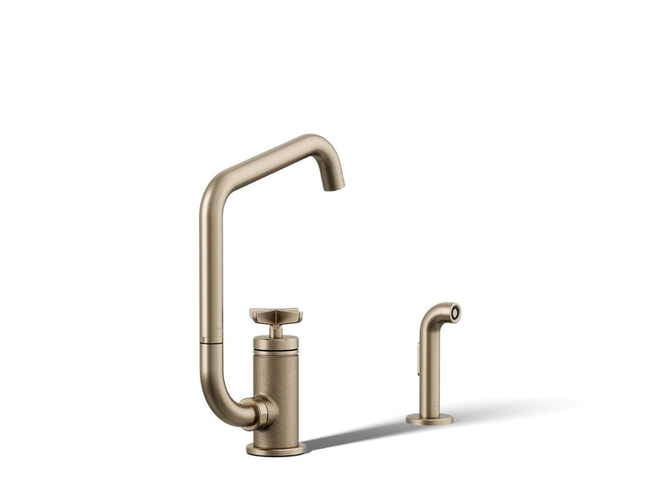 KOHLER K-28667-3 Billet Single-handle bar sink faucet with two-function extended-reach spout and side sprayer, vibrant...