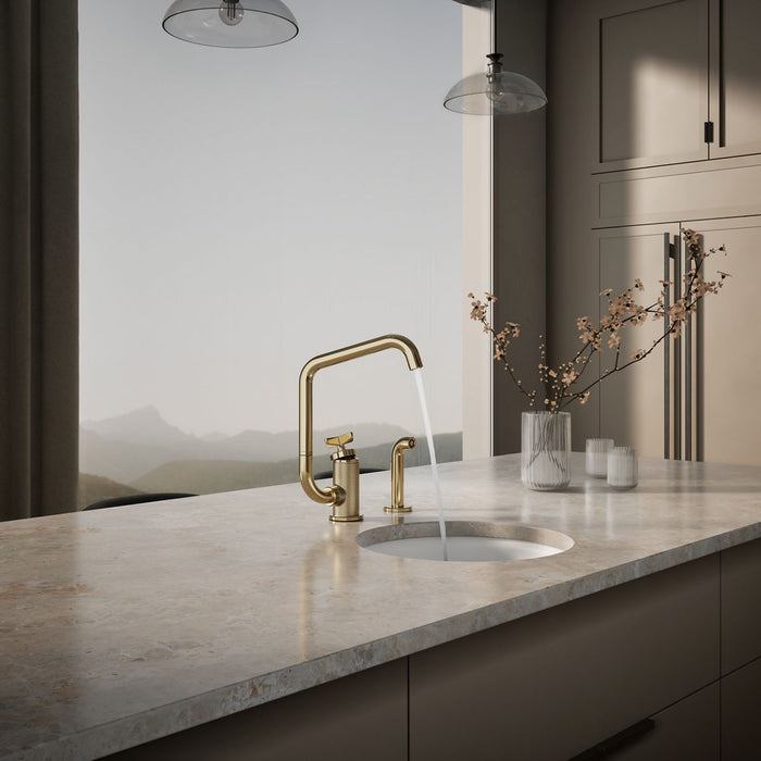 KOHLER K-28667-3 Billet Single-handle bar sink faucet with two-function extended-reach spout and side sprayer, vibrant...