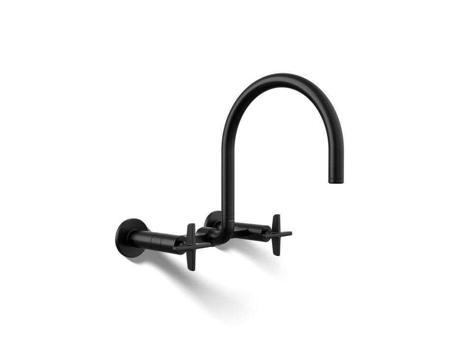 KOHLER K-28672-3 Billet Two-hole wall-mount bridge kitchen sink faucet, matte black
