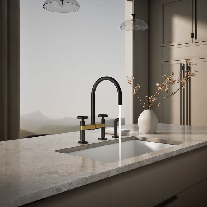 KOHLER K-28673-9 Billet Two-hole bridge kitchen sink faucet with side sprayer