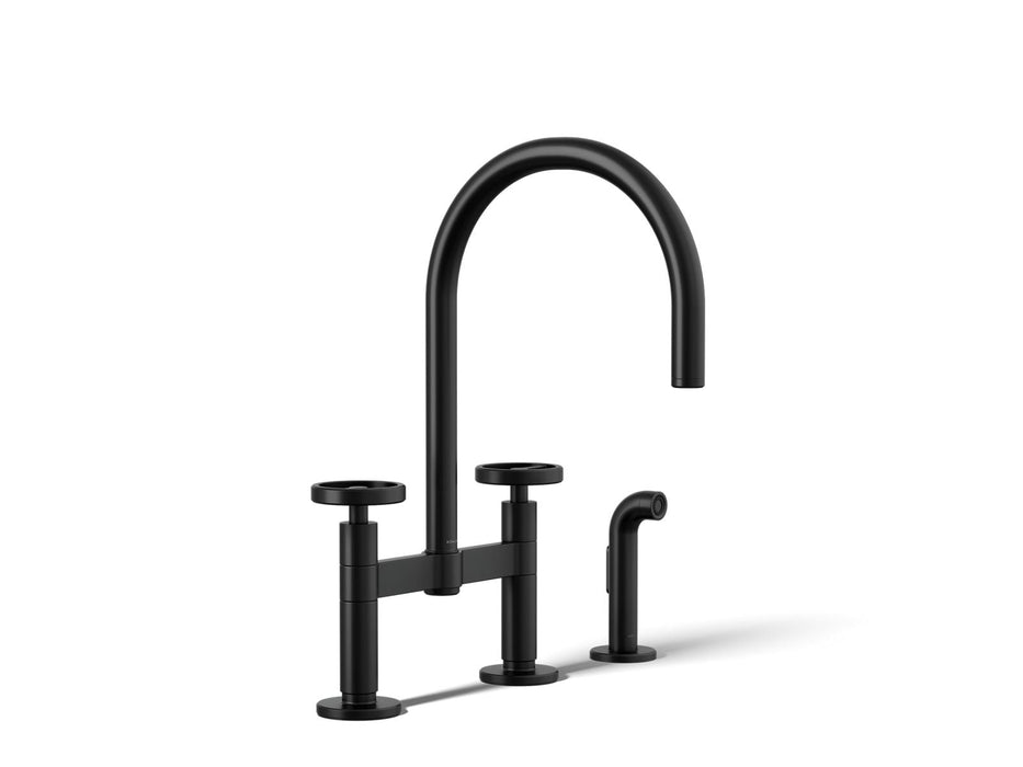 KOHLER K-28673-9 Billet Two-hole bridge kitchen sink faucet with side sprayer, matte black
