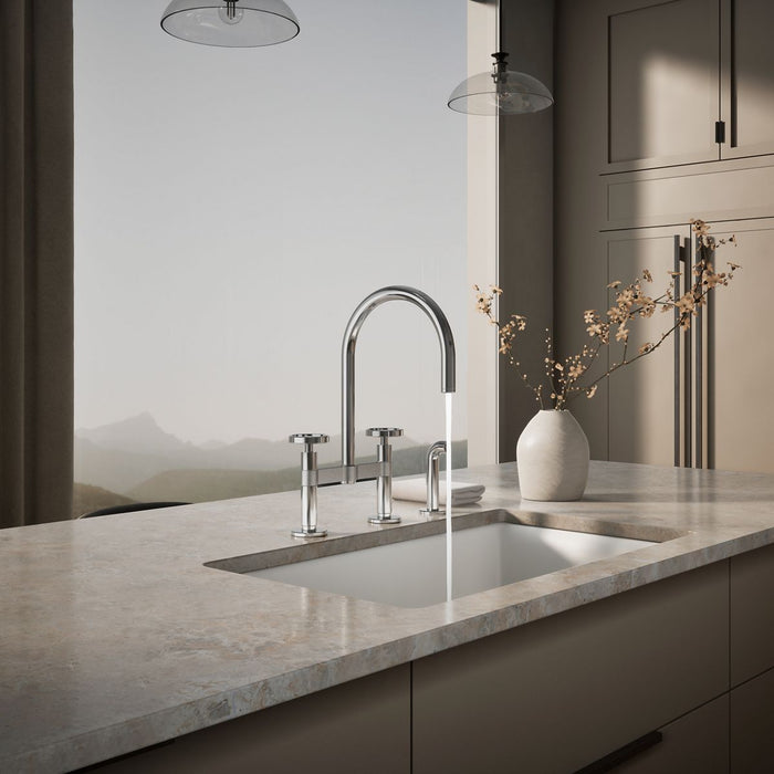 KOHLER K-28673-9 Billet Two-hole bridge kitchen sink faucet with side sprayer