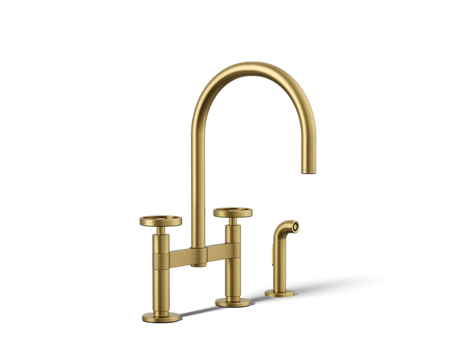 KOHLER K-28673-9 Billet Two-hole bridge kitchen sink faucet with side sprayer, vibrant brushed moderne brass