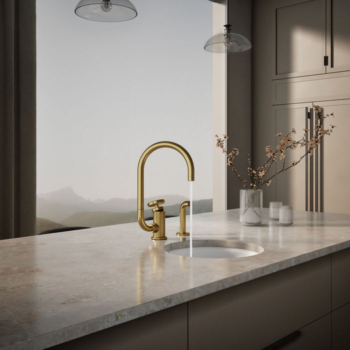 KOHLER K-28675-9 Billet Single-handle bar sink faucet with two-function extended-reach spout and side sprayer