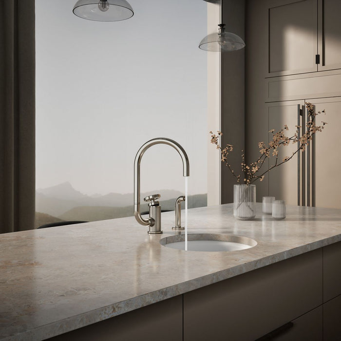 KOHLER K-28675-9 Billet Single-handle bar sink faucet with two-function extended-reach spout and side sprayer