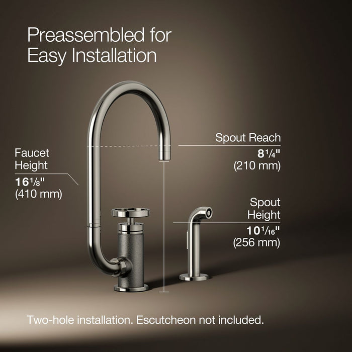 KOHLER K-28675-9 Billet Single-handle bar sink faucet with two-function extended-reach spout and side sprayer