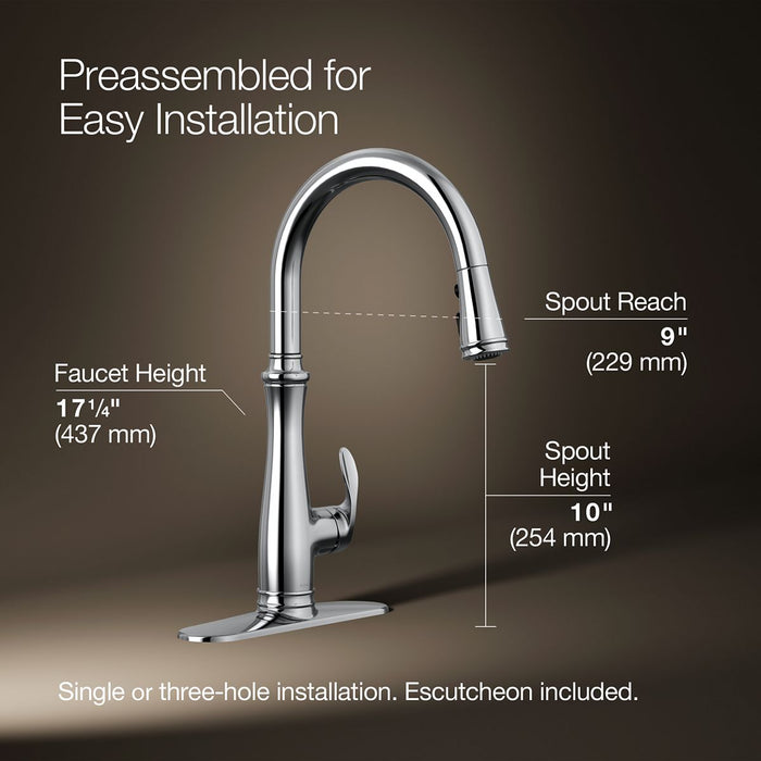 KOHLER K-29108 Bellera Touchless pull-down kitchen sink faucet with three-function sprayhead