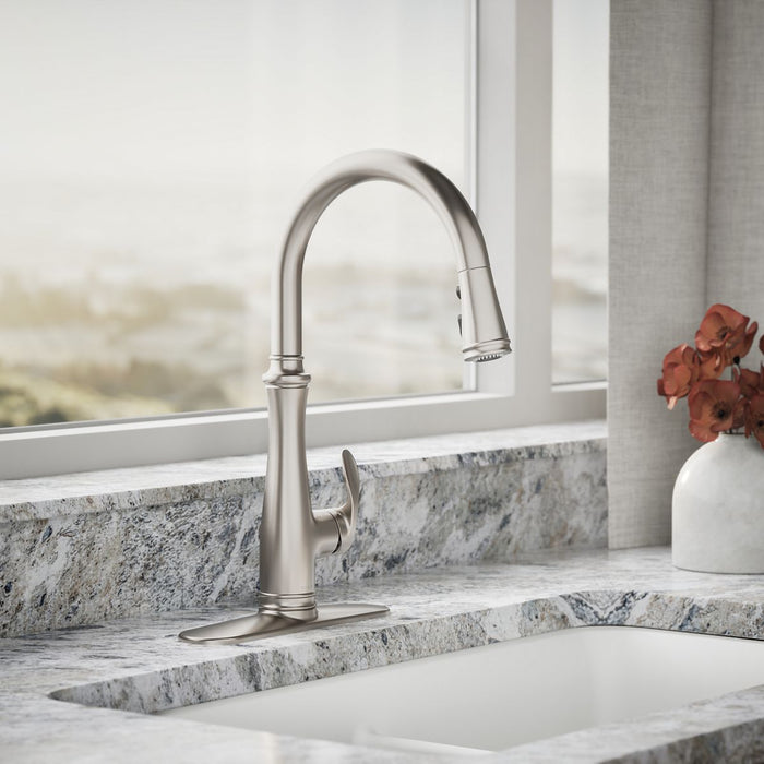 KOHLER K-29108 Bellera Touchless pull-down kitchen sink faucet with three-function sprayhead