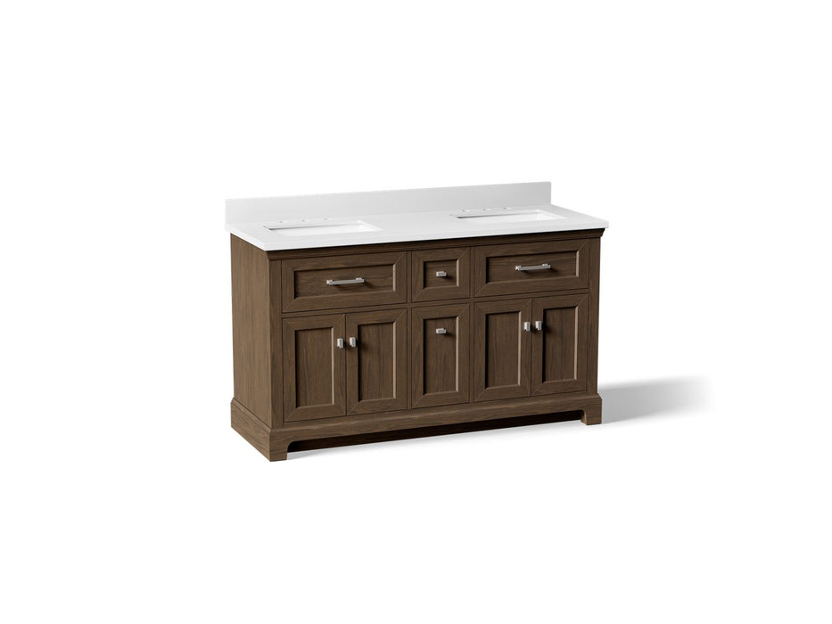 KOHLER K-29263-BD1 Charlemont 60" bathroom vanity cabinet with sinks and quartz top, draper oak