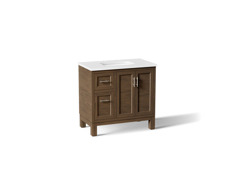 KOHLER K-31244-ASB Quo 36" Bathroom Vanity Cabinet with Sink and Quartz Top, Draper Oak - 3/4 view of product