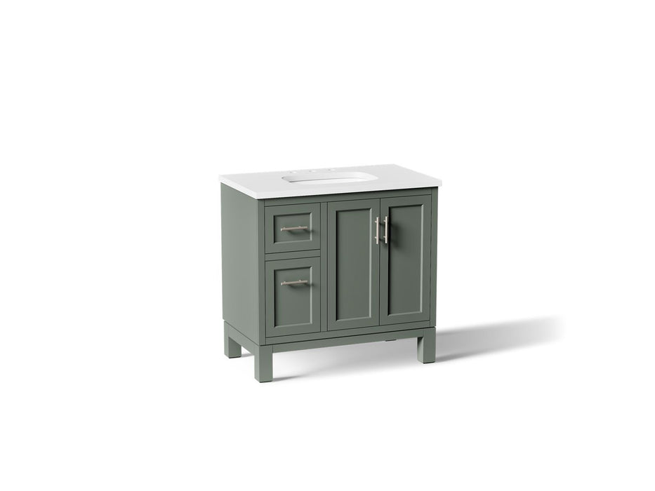 KOHLER K-31244-ASB Quo 36" Bathroom Vanity Cabinet with Sink and Quartz Top, Umbral Green - 3/4 view of product