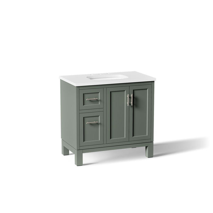 KOHLER K-31244-ASB Quo 36" Bathroom Vanity Cabinet with Sink and Quartz Top, Umbral Green - 3/4 view of product