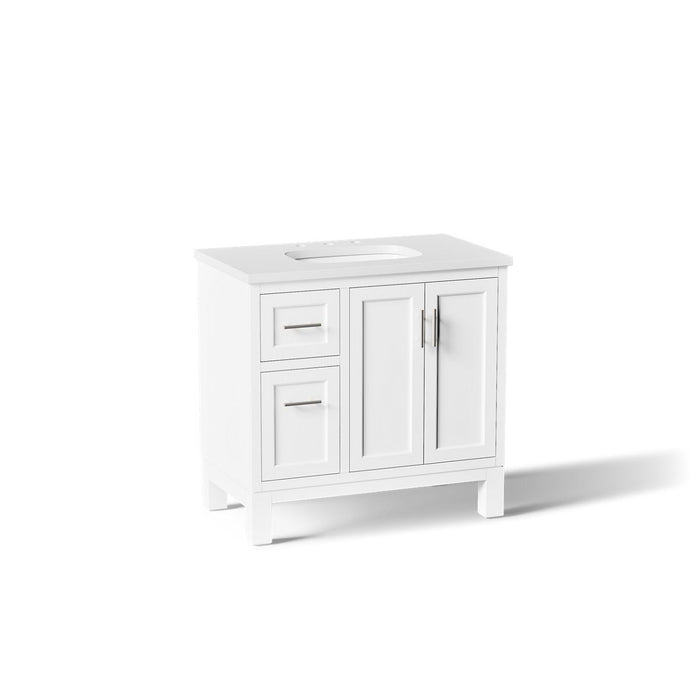 KOHLER K-31244-ASB Quo 36" Bathroom Vanity Cabinet with Sink and Quartz Top, White - 3/4 view of product