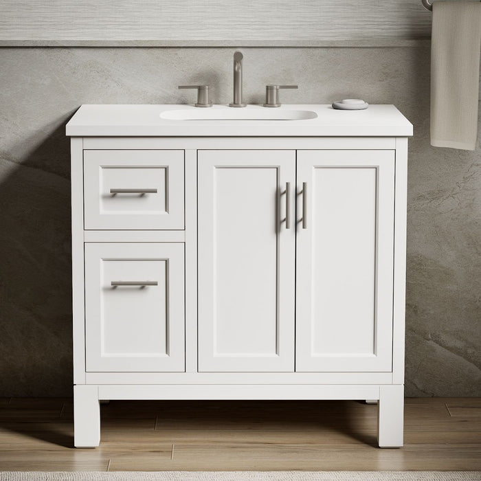KOHLER K-31244-ASB Quo 36" Bathroom Vanity Cabinet with Sink and Quartz Top, White - Shows close up detail of product in room