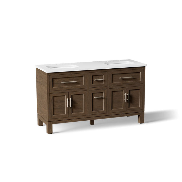 KOHLER K-31246-ASB Quo 60" Bathroom Vanity Cabinet with Sinks and Quartz Top, Draper Oak - 3/4 view of product