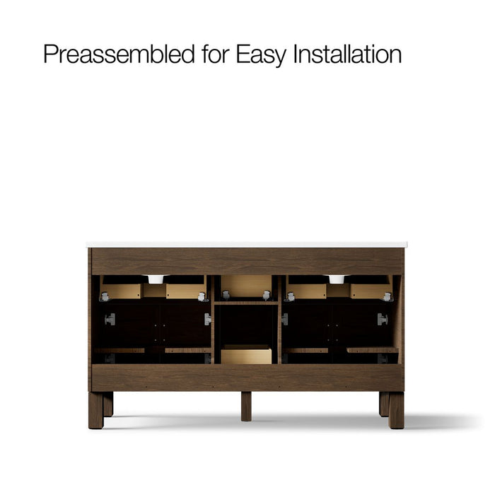 KOHLER K-31246-ASB Quo 60" Bathroom Vanity Cabinet with Sinks and Quartz Top, Draper Oak - back view of product