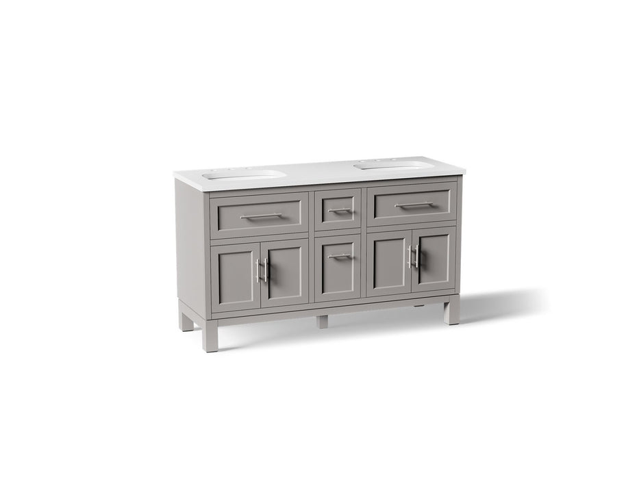 KOHLER K-31246-ASB Quo 60" Bathroom Vanity Cabinet with Sinks and Quartz Top, Mohair Grey - 3/4 view of product