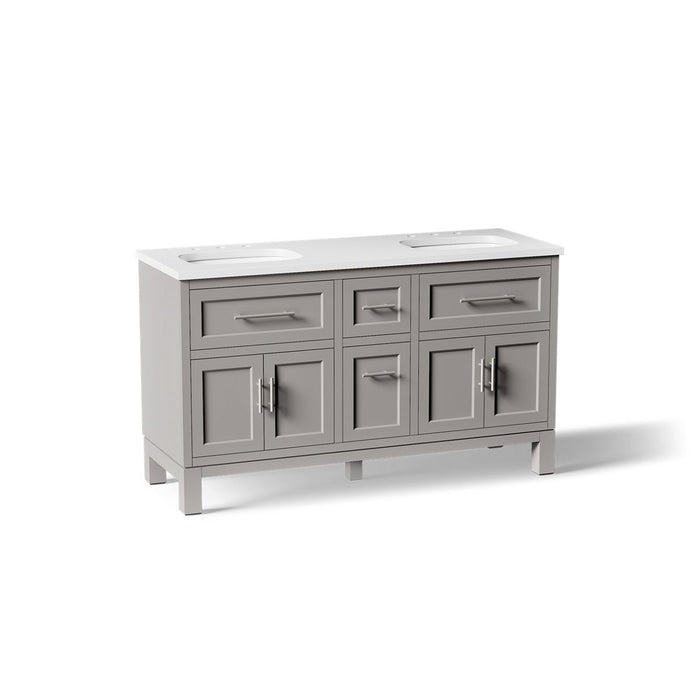 KOHLER K-31246-ASB Quo 60" Bathroom Vanity Cabinet with Sinks and Quartz Top, Mohair Grey - 3/4 view of product
