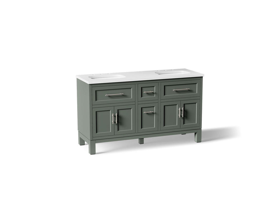 KOHLER K-31246-ASB Quo 60" Bathroom Vanity Cabinet with Sinks and Quartz Top, Umbral Green - 3/4 view of product
