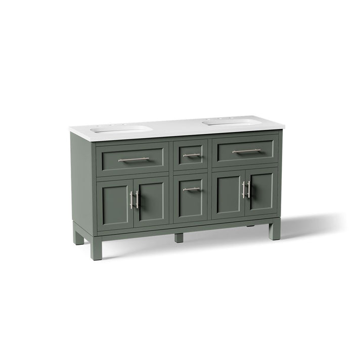 KOHLER K-31246-ASB Quo 60" Bathroom Vanity Cabinet with Sinks and Quartz Top, Umbral Green - 3/4 view of product