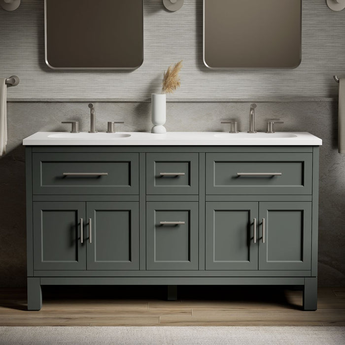 KOHLER K-31246-ASB Quo 60" Bathroom Vanity Cabinet with Sinks and Quartz Top, Umbral Green - Shows close up detail of product