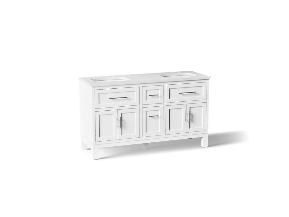 KOHLER K-31246-ASB Quo 60" Bathroom Vanity Cabinet with Sinks and Quartz Top, White - 3/4 view of product