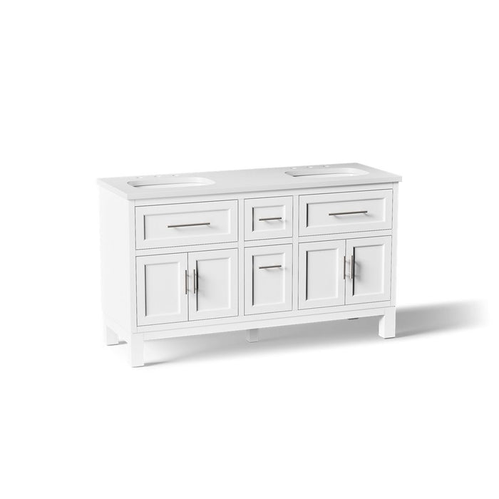 KOHLER K-31246-ASB Quo 60" Bathroom Vanity Cabinet with Sinks and Quartz Top, White - 3/4 view of product