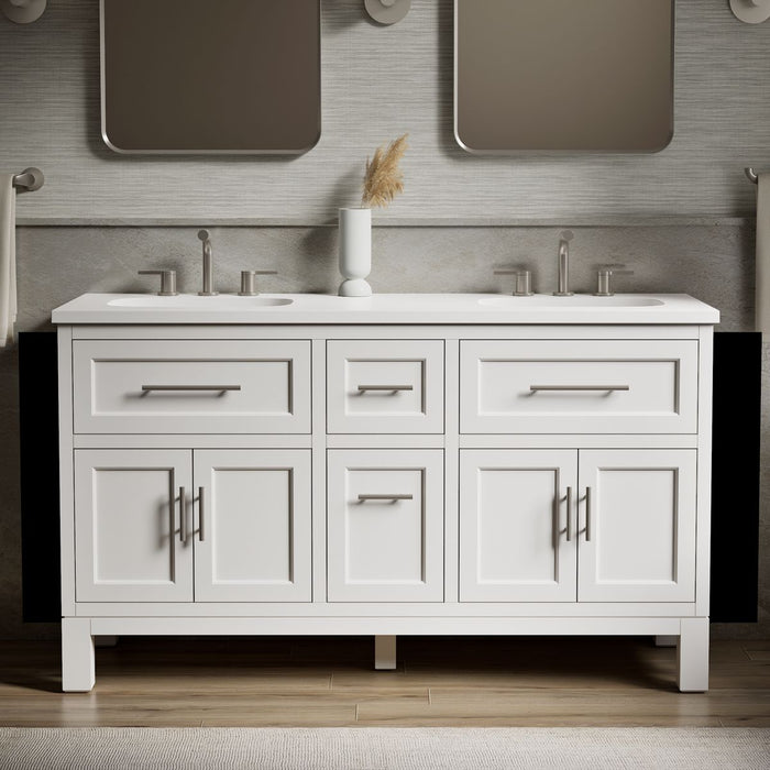 KOHLER K-31246-ASB Quo 60" Bathroom Vanity Cabinet with Sinks and Quartz Top, White - Shows close up detail of product in roo