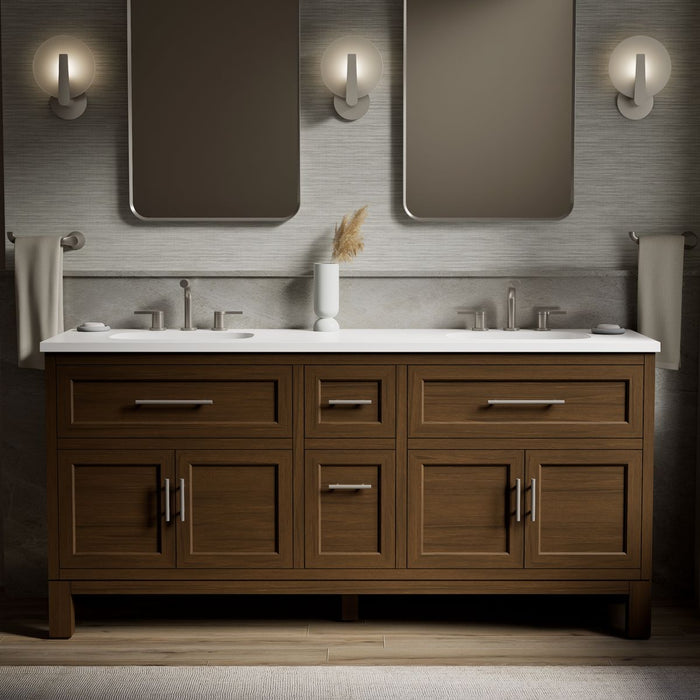 KOHLER K-31247-ASB Quo 72" Bathroom Vanity Cabinet with Sinks and Quartz Top, Draper Oak - Shows close up detail of product i