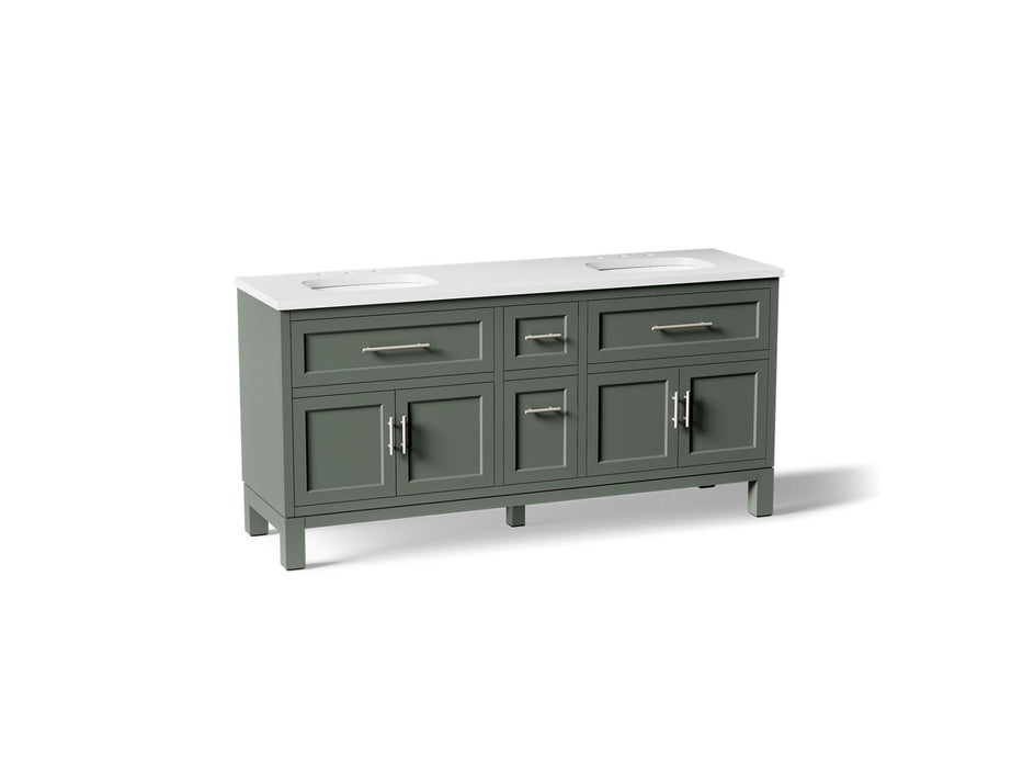 KOHLER K-31247-ASB Quo 72" Bathroom Vanity Cabinet with Sinks and Quartz Top, Umbral Green - 3/4 view of product