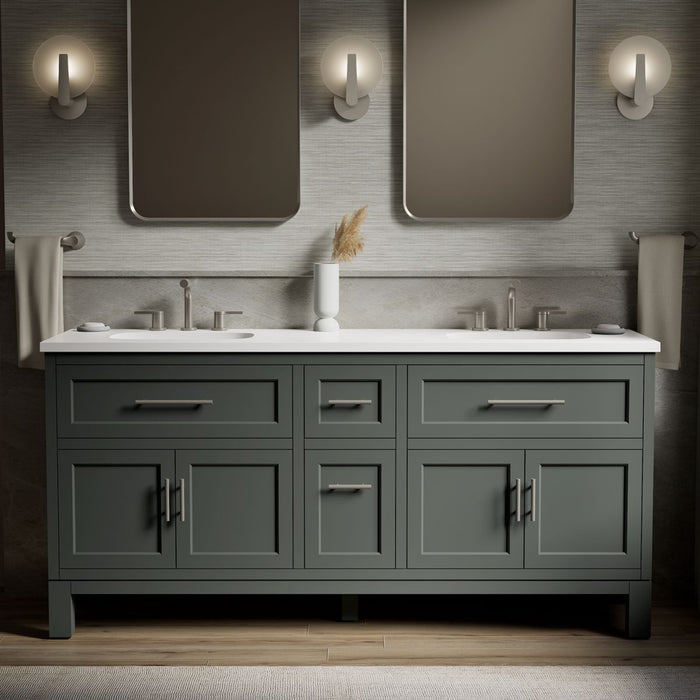 KOHLER K-31247-ASB Quo 72" Bathroom Vanity Cabinet with Sinks and Quartz Top, Umbral Green - Shows close up detail of product