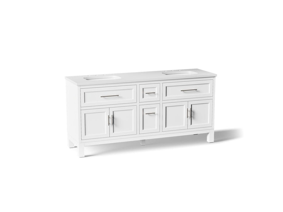 KOHLER K-31247-ASB Quo 72" Bathroom Vanity Cabinet with Sinks and Quartz Top, White - 3/4 view of product