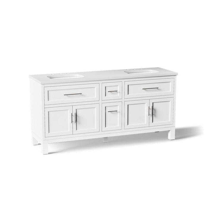KOHLER K-31247-ASB Quo 72" Bathroom Vanity Cabinet with Sinks and Quartz Top, White - 3/4 view of product