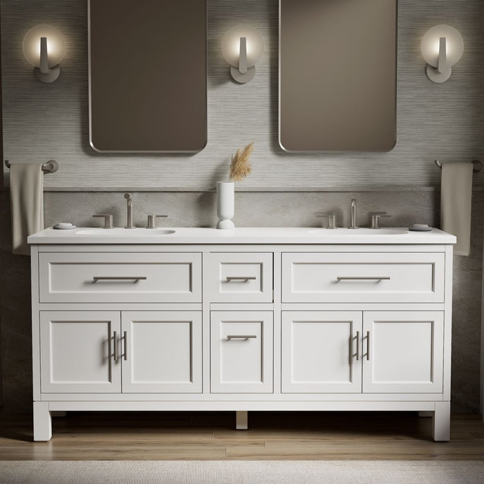 KOHLER K-31247-ASB Quo 72" Bathroom Vanity Cabinet with Sinks and Quartz Top, White - Shows close up detail of product in roo