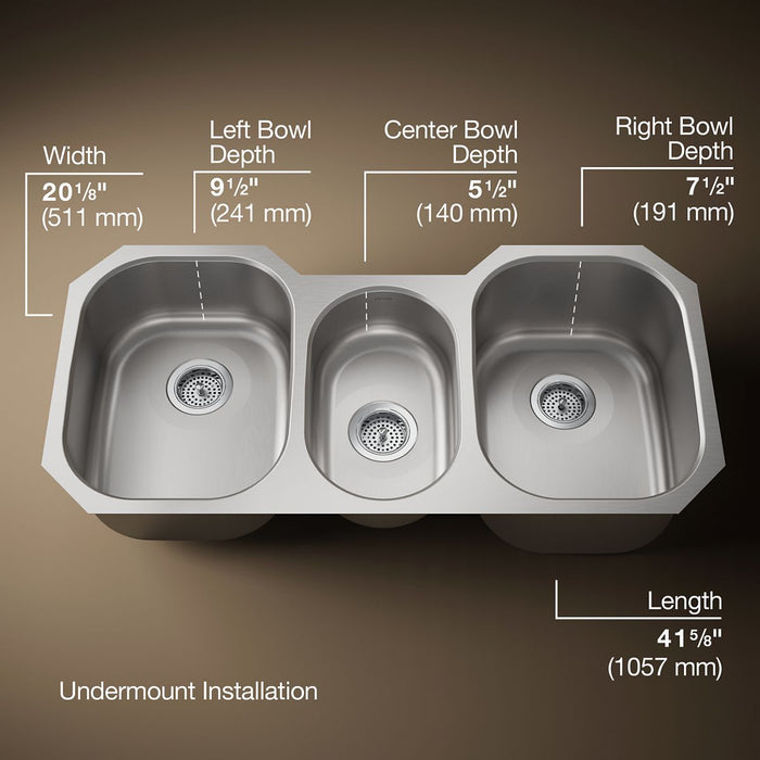 KOHLER K-3166 Undertone 41-3/4" undermount triple-bowl kitchen sink