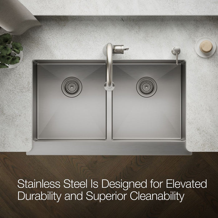 KOHLER K-33159 Strive 35-1/2" undermount double-bowl farmhouse kitchen sink with accessories