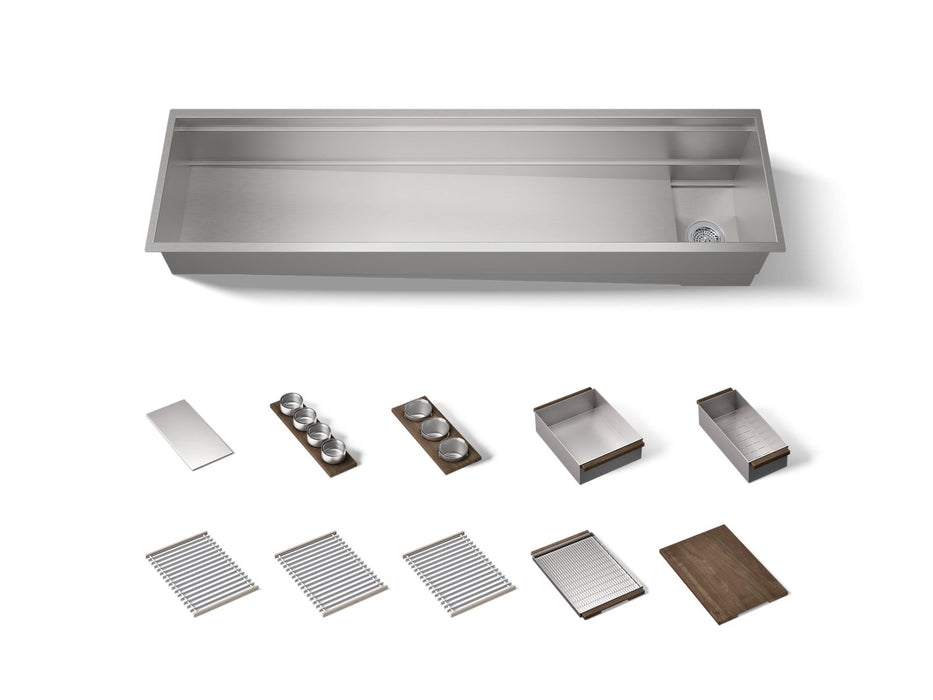 KOHLER K-37905-WAL Synthos 69-3/4" Undermount Single-bowl Workstation Kitchen Sink, Solid Wood Dark Walnut - 3/4 view of prod