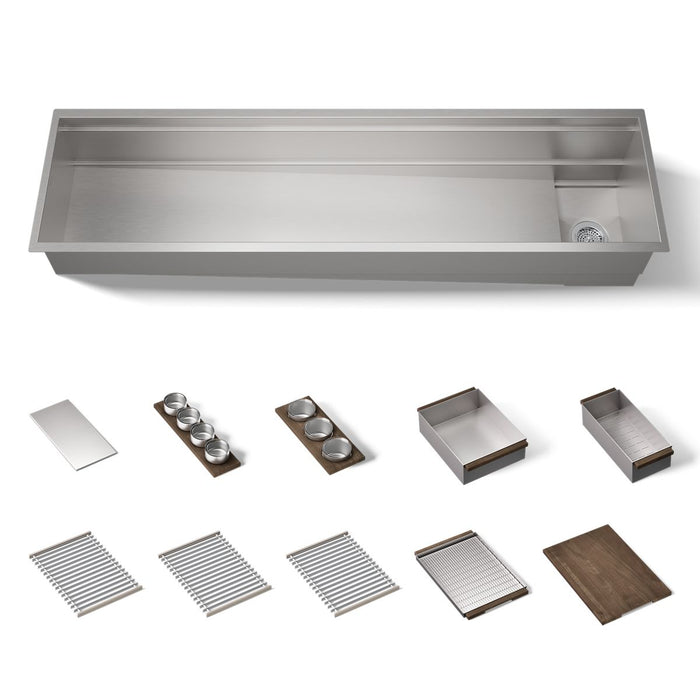 KOHLER K-37905-WAL Synthos 69-3/4" Undermount Single-bowl Workstation Kitchen Sink, Solid Wood Dark Walnut - 3/4 view of prod