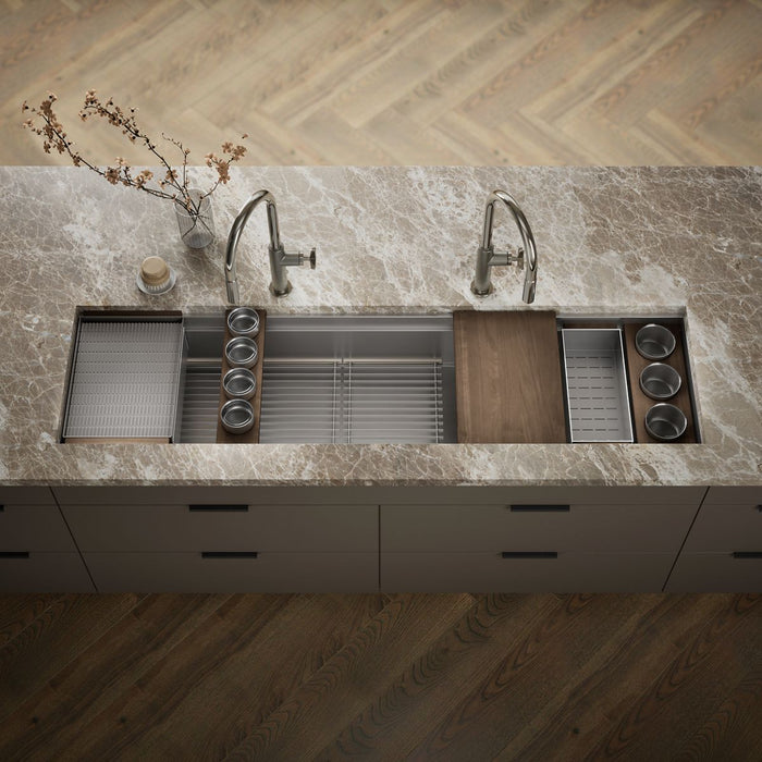 KOHLER K-37905-WAL Synthos 69-3/4" Undermount Single-bowl Workstation Kitchen Sink, Solid Wood Dark Walnut - Shows close up d